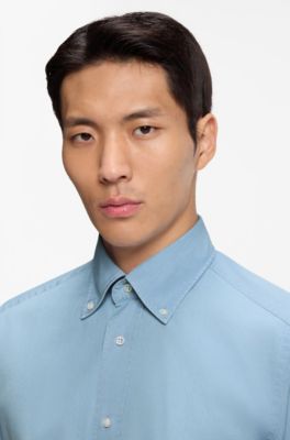 Camisa regular fit en denim de algod&oacute;n italiano, Celeste