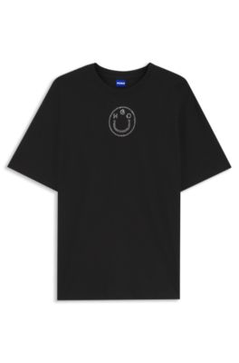 Camiseta oversize fit de algod&oacute;n con logo Happy HUGO de estr&aacute;s, Negro