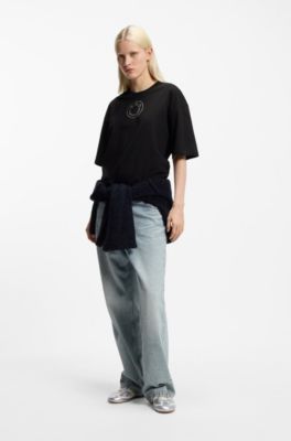 Camiseta oversize fit de algod&oacute;n con logo Happy HUGO de estr&aacute;s, Negro
