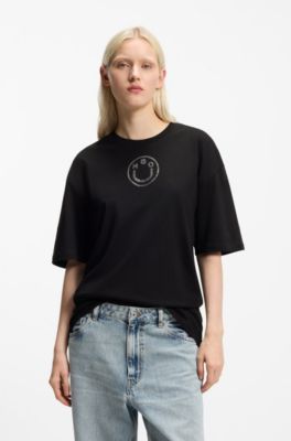 Camiseta oversize fit de algod&oacute;n con logo Happy HUGO de estr&aacute;s, Negro