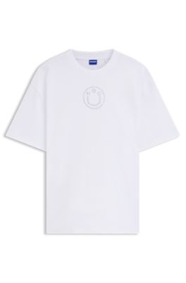 Camiseta oversize fit de algod&oacute;n con logo Happy HUGO de estr&aacute;s, Blanco