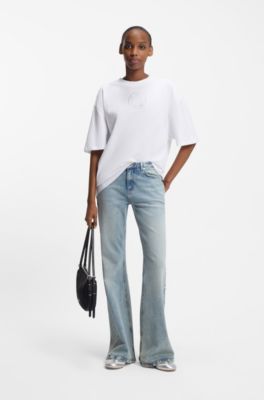 Cotton-jersey T-shirt with rhinestone Happy HUGO, White