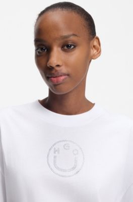Camiseta oversize fit de algod&oacute;n con logo Happy HUGO de estr&aacute;s, Blanco