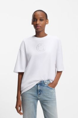 Cotton-jersey T-shirt with rhinestone Happy HUGO, White