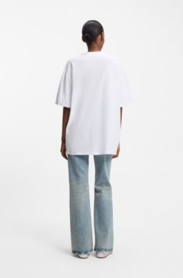Camiseta oversize fit de algod&oacute;n con logo Happy HUGO de estr&aacute;s, Blanco