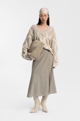 Melange A-line skirt in virgin wool, Light Beige