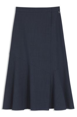 Jupe coupe &eacute;vas&eacute;e en laine vierge chin&eacute;e, Bleu fonc&eacute;
