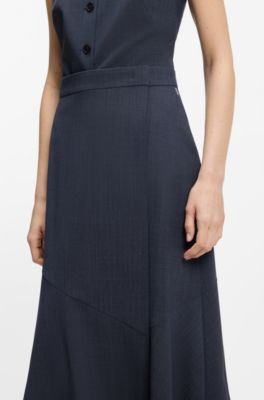 Jupe coupe &eacute;vas&eacute;e en laine vierge chin&eacute;e, Bleu fonc&eacute;