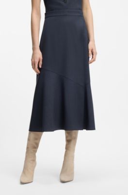 Jupe coupe &eacute;vas&eacute;e en laine vierge chin&eacute;e, Bleu fonc&eacute;