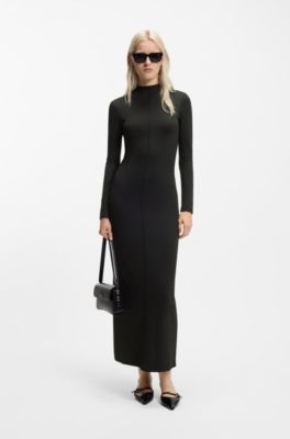 Robe longue pr&egrave;s du corps &agrave; petit col montant, Noir