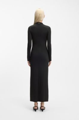 Robe longue pr&egrave;s du corps &agrave; petit col montant, Noir