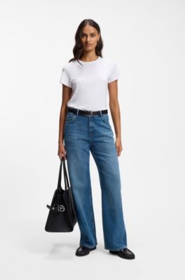 Camiseta slim fit de algod&oacute;n y seda con logo bordado, Blanco