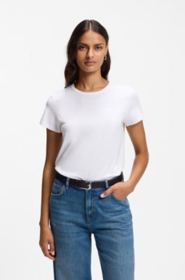 Camiseta slim fit de algod&oacute;n y seda con logo bordado, Blanco