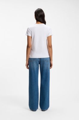 Camiseta slim fit de algod&oacute;n y seda con logo bordado, Blanco