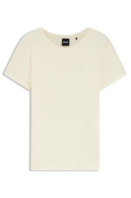Camiseta slim fit de algod&oacute;n y seda con logo bordado, Beige claro