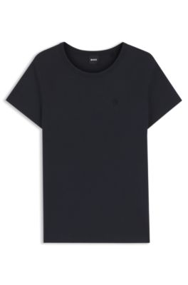 Camiseta slim fit de algod&oacute;n y seda con logo bordado, Azul oscuro