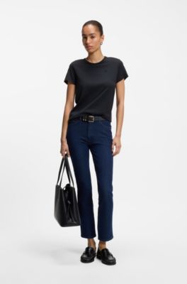Camiseta slim fit de algod&oacute;n y seda con logo bordado, Azul oscuro