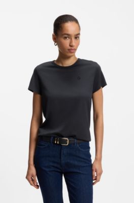 Camiseta slim fit de algod&oacute;n y seda con logo bordado, Azul oscuro