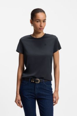 Slim-fit T-shirt in a cotton-silk blend with an embroidered logo, Dark Blue