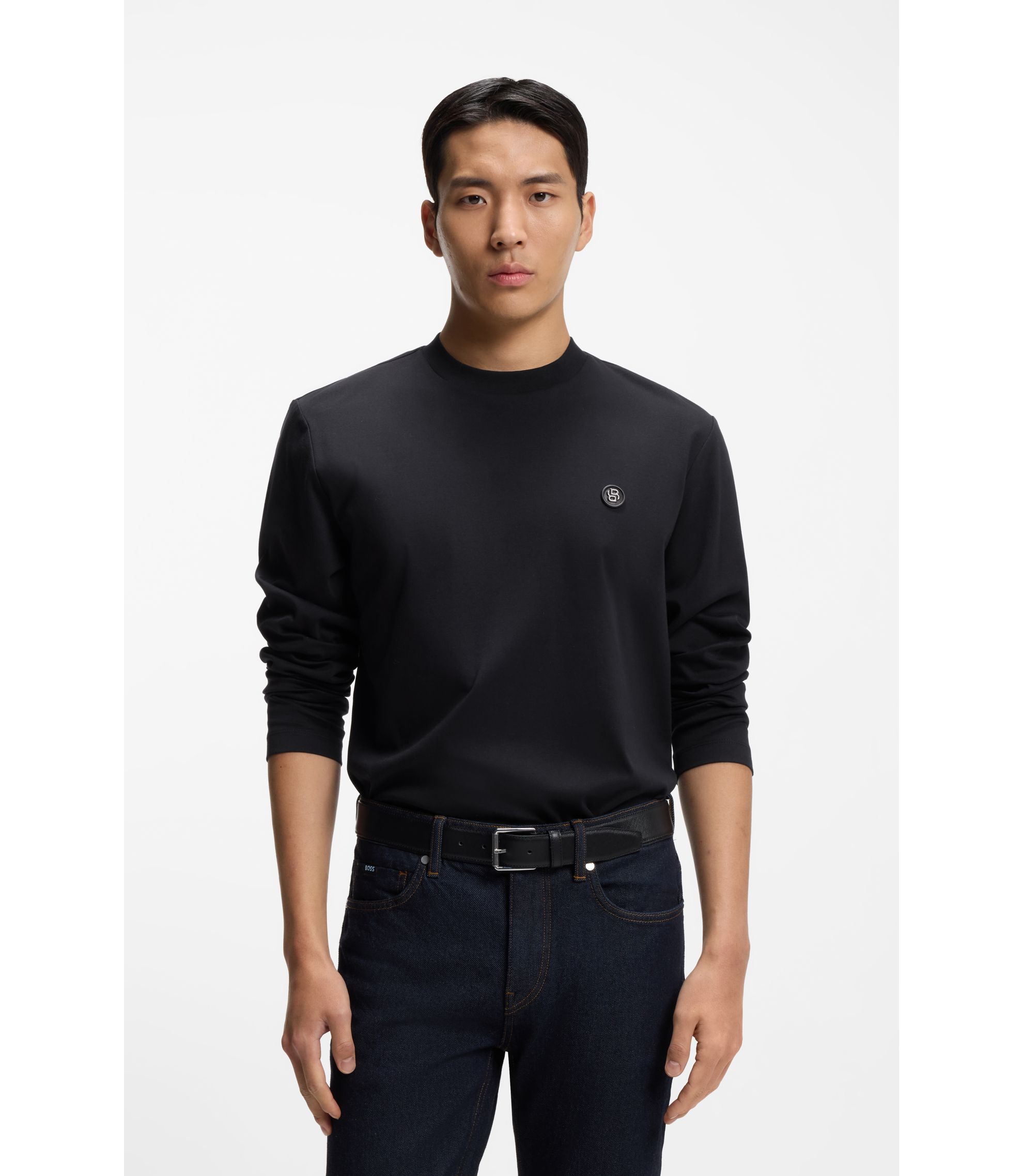 BOSS - Mercerised-cotton T-shirt with Double B monogram - Dark Blue
