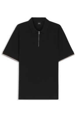 Polo en piqu&eacute; de coton &agrave; encolure zipp&eacute;e, Noir