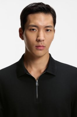 Cotton-piqu&eacute; polo shirt with zip neck, Black