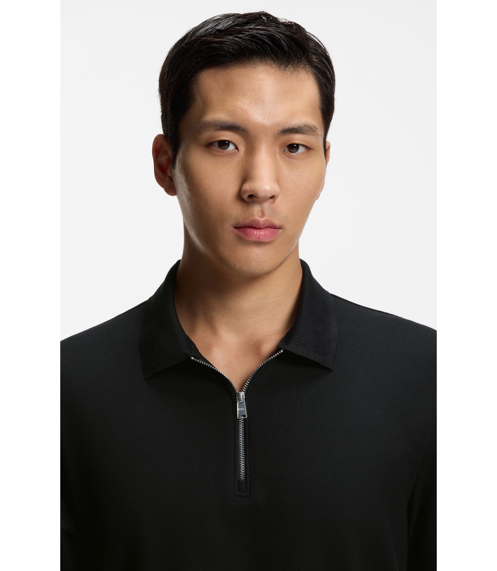 BOSS - Cotton-piqué polo shirt with zip neck - Black