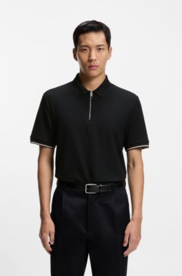 Cotton-piqu&eacute; polo shirt with zip neck, Black