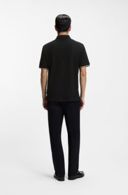 Polo en piqu&eacute; de coton &agrave; encolure zipp&eacute;e, Noir