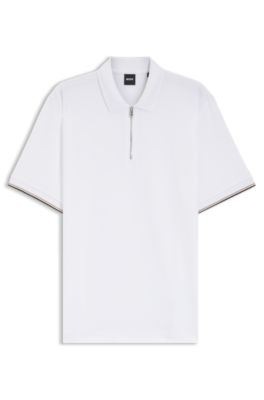 Cotton-piqu&eacute; polo shirt with zip neck, White