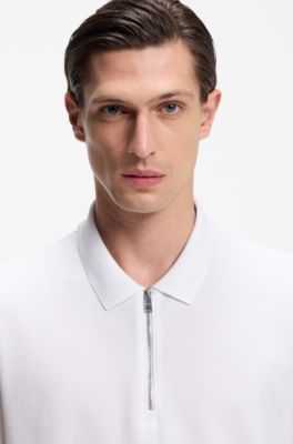 Cotton-piqu&eacute; polo shirt with zip neck, White