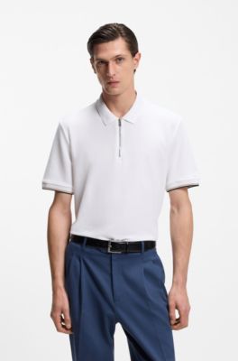 Cotton-piqu&eacute; polo shirt with zip neck, White