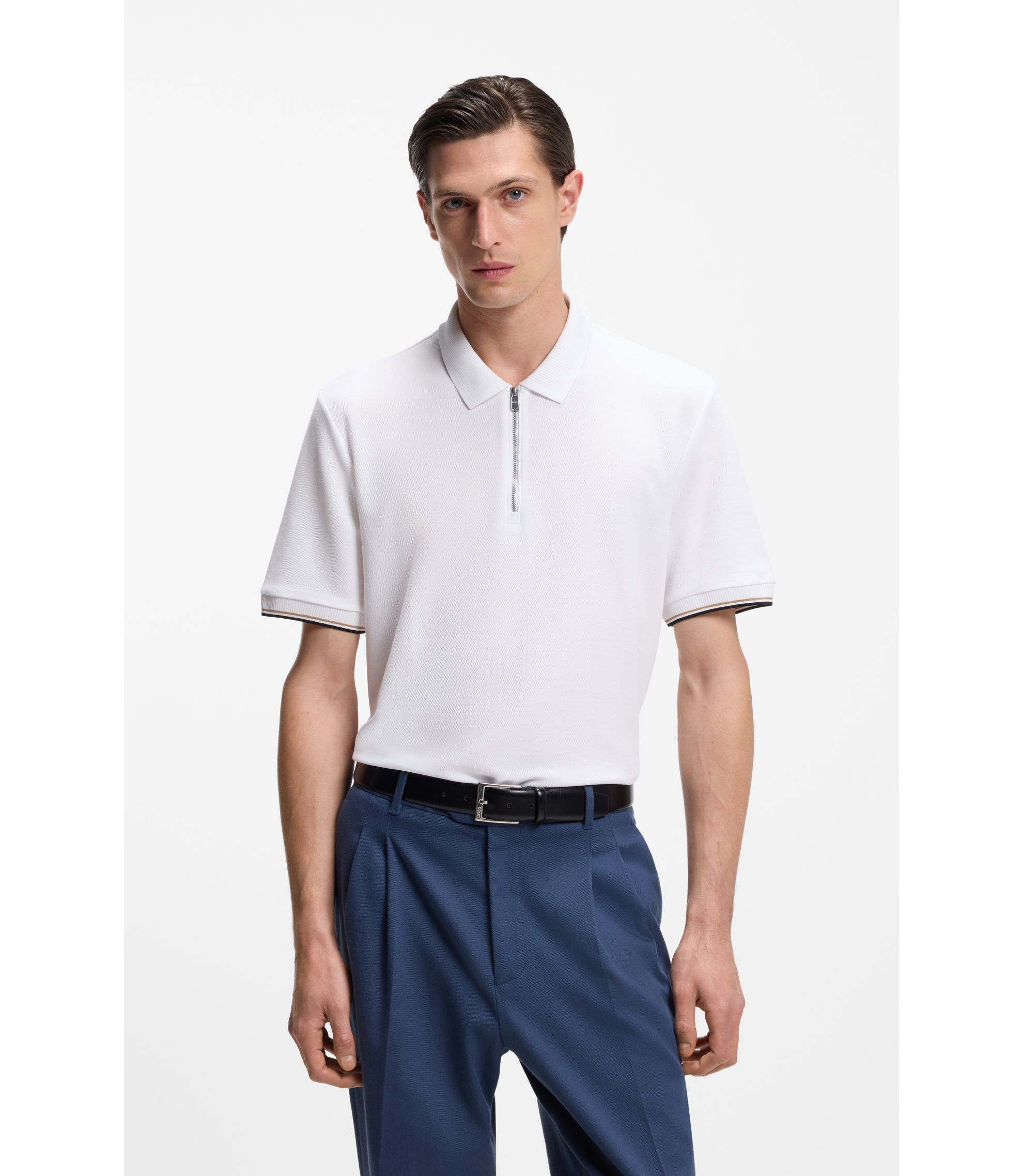 BOSS - Cotton-piqué polo shirt with zip neck - White
