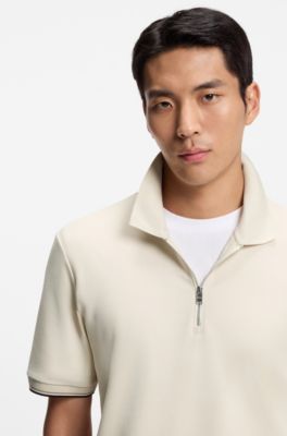 Cotton-piqu&eacute; polo shirt with zip neck, White