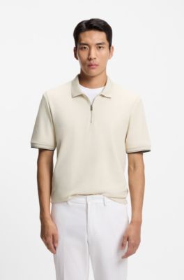 Cotton-piqu&eacute; polo shirt with zip neck, White