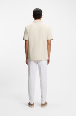 Polo de piqu&eacute; de algod&oacute;n con cuello con cremallera, Blanco