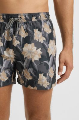 Short de bain avec imprim&eacute; &agrave; fleurs et logo, Noir