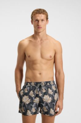 Logo-detail swim shorts with floral print, Black