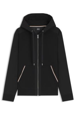 Sudadera de felpa de rizo de algod&oacute;n con capucha y cremallera con ribetes de rayas de la marca, Negro