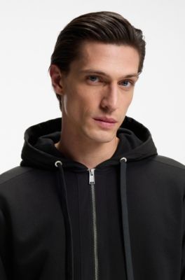 Sudadera de felpa de rizo de algod&oacute;n con capucha y cremallera con ribetes de rayas de la marca, Negro