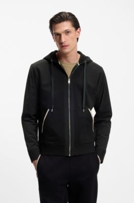 Cotton-terry zip-up hoodie with signature-stripe trims, Black