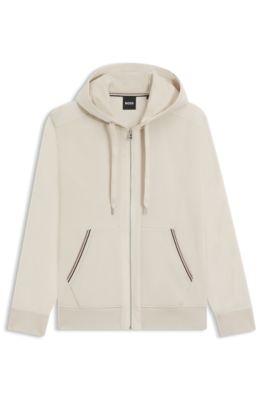 Sudadera de felpa de rizo de algod&oacute;n con capucha y cremallera con ribetes de rayas de la marca, Blanco