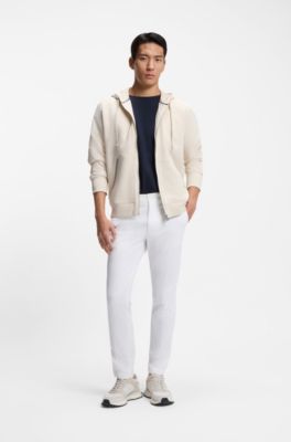 Sudadera de felpa de rizo de algod&oacute;n con capucha y cremallera con ribetes de rayas de la marca, Blanco