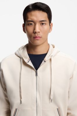 Cotton-terry zip-up hoodie with signature-stripe trims, White