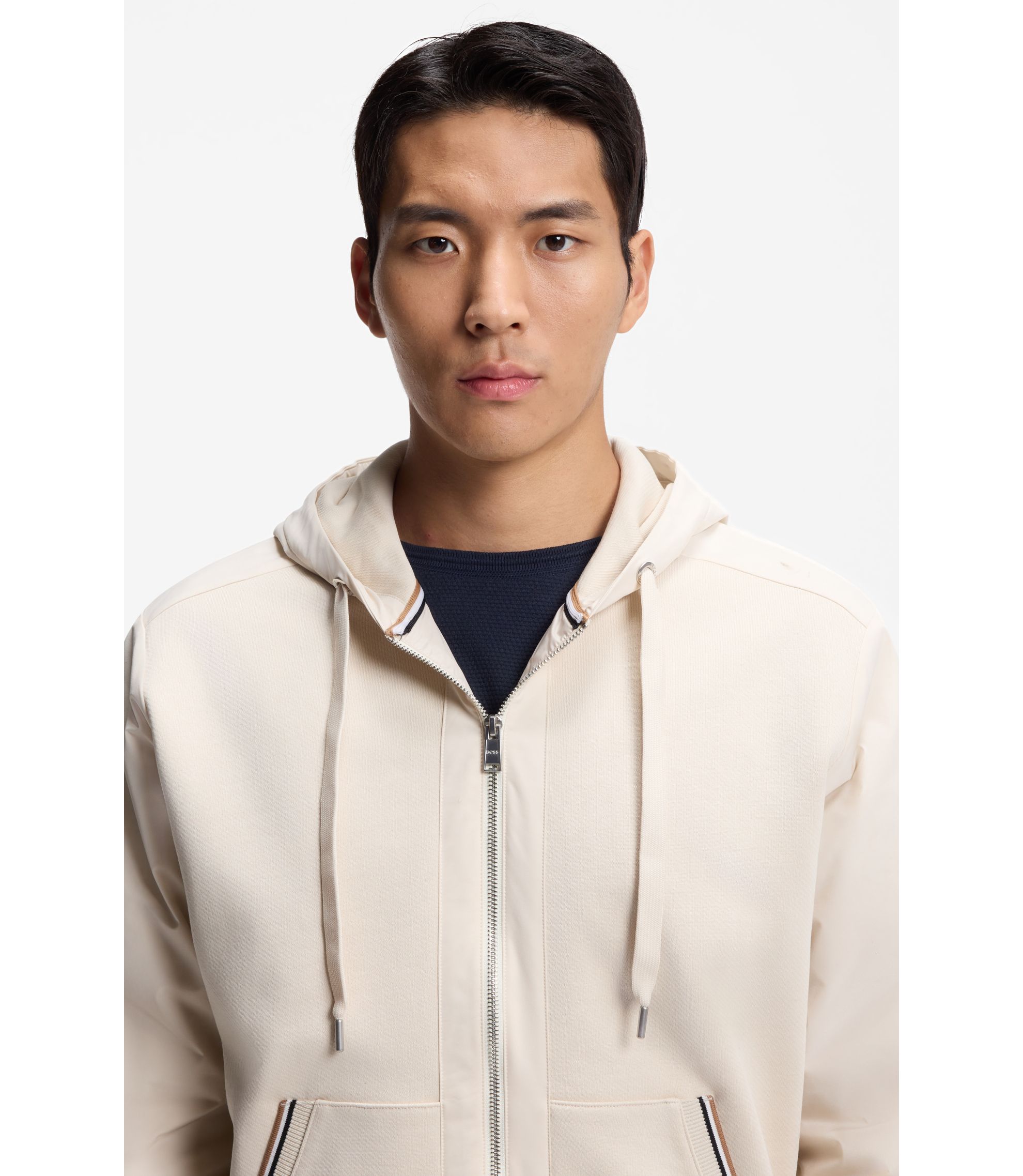 BOSS - Cotton-terry zip-up hoodie with signature-stripe trims - White