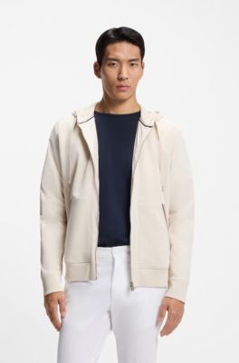 Sudadera de felpa de rizo de algod&oacute;n con capucha y cremallera con ribetes de rayas de la marca, Blanco