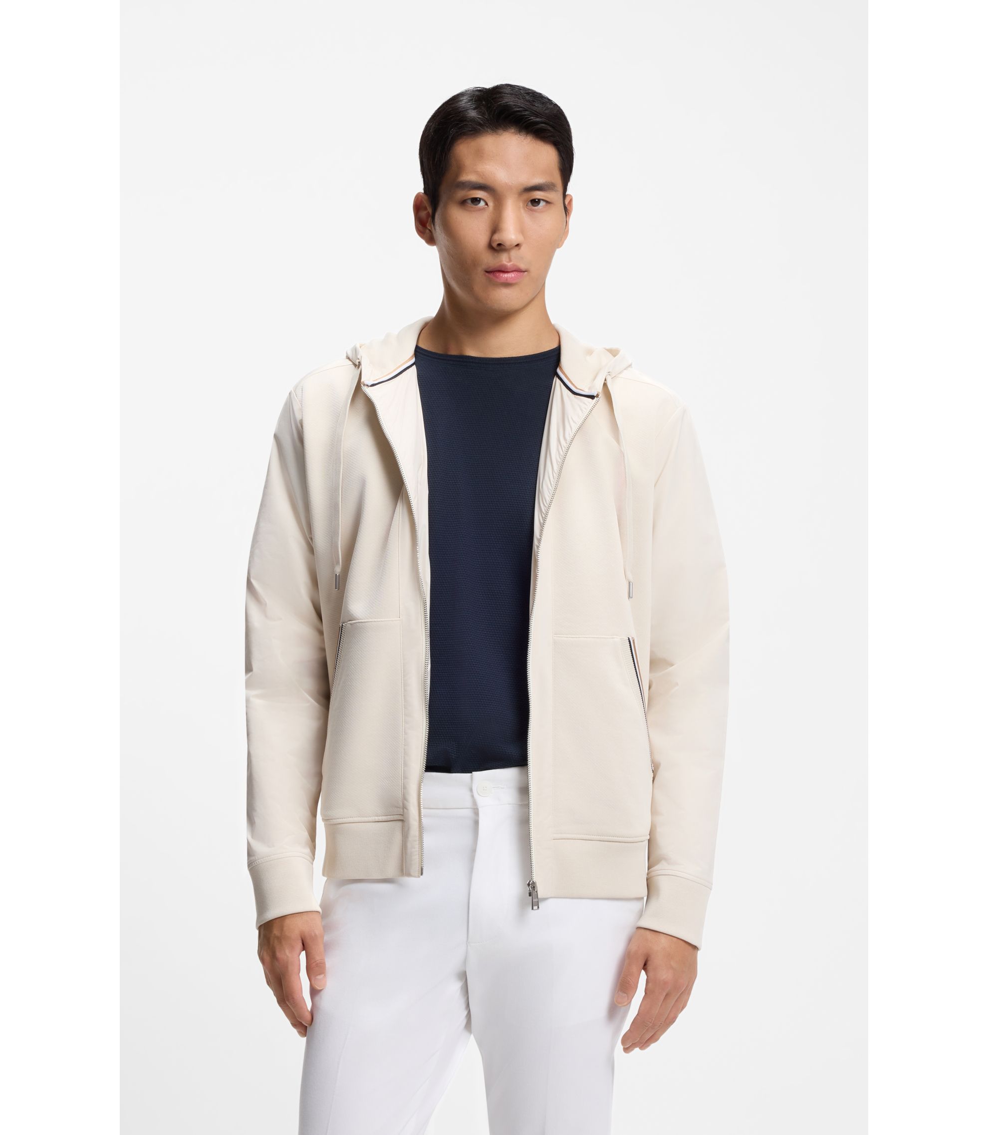 BOSS - Cotton-terry zip-up hoodie with signature-stripe trims - White