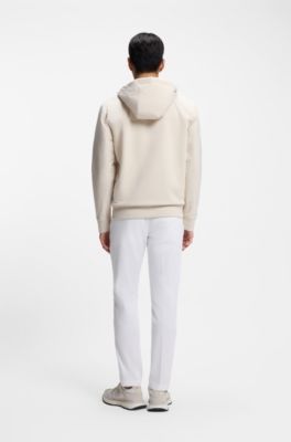 Sudadera de felpa de rizo de algod&oacute;n con capucha y cremallera con ribetes de rayas de la marca, Blanco