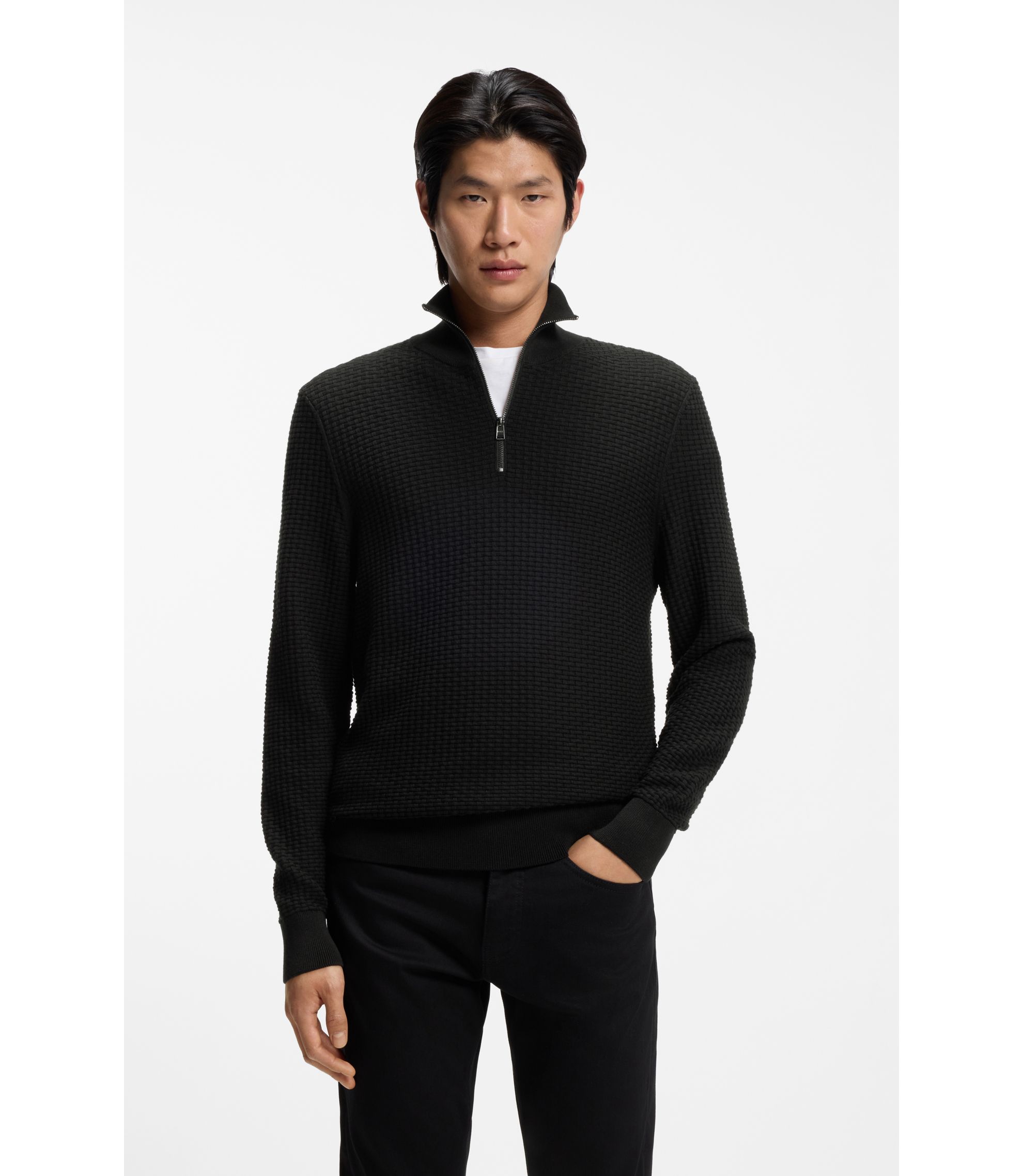 BOSS - Quarter-zip sweater in cotton - Black