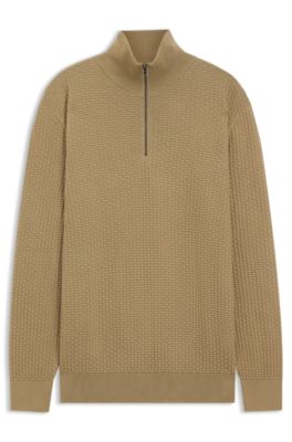 Quarter-zip sweater in cotton, Khaki